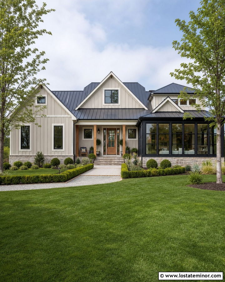 Greige Modern Farmhouse With Black Sunroom - 30 Greige House Design With Sunroom Ideas