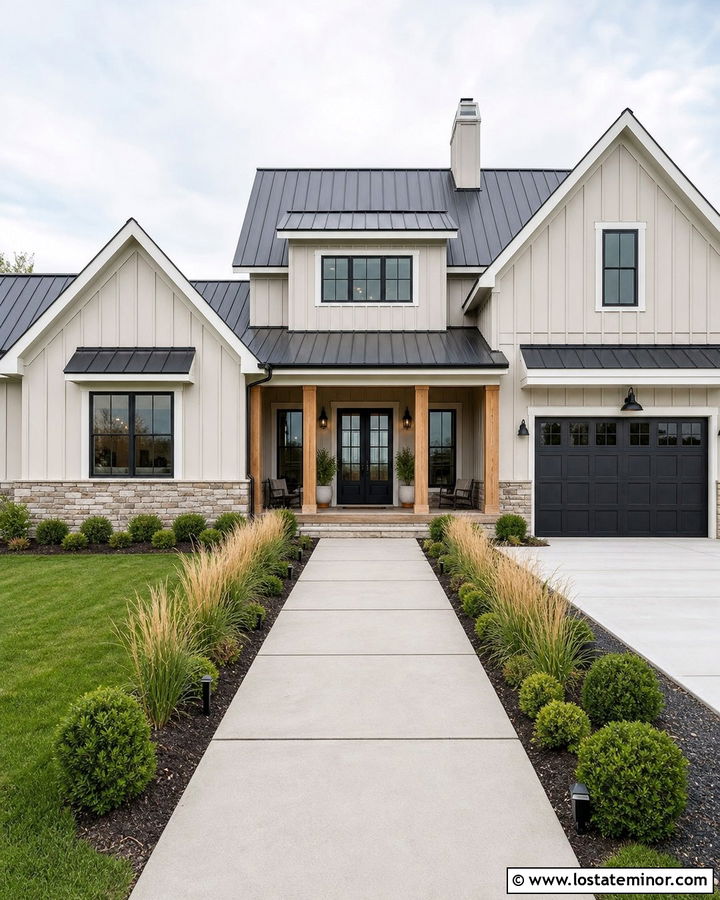 Greige Modern Farmhouse With Concrete Walkway - 30 Greige House Design With Walkway Ideas