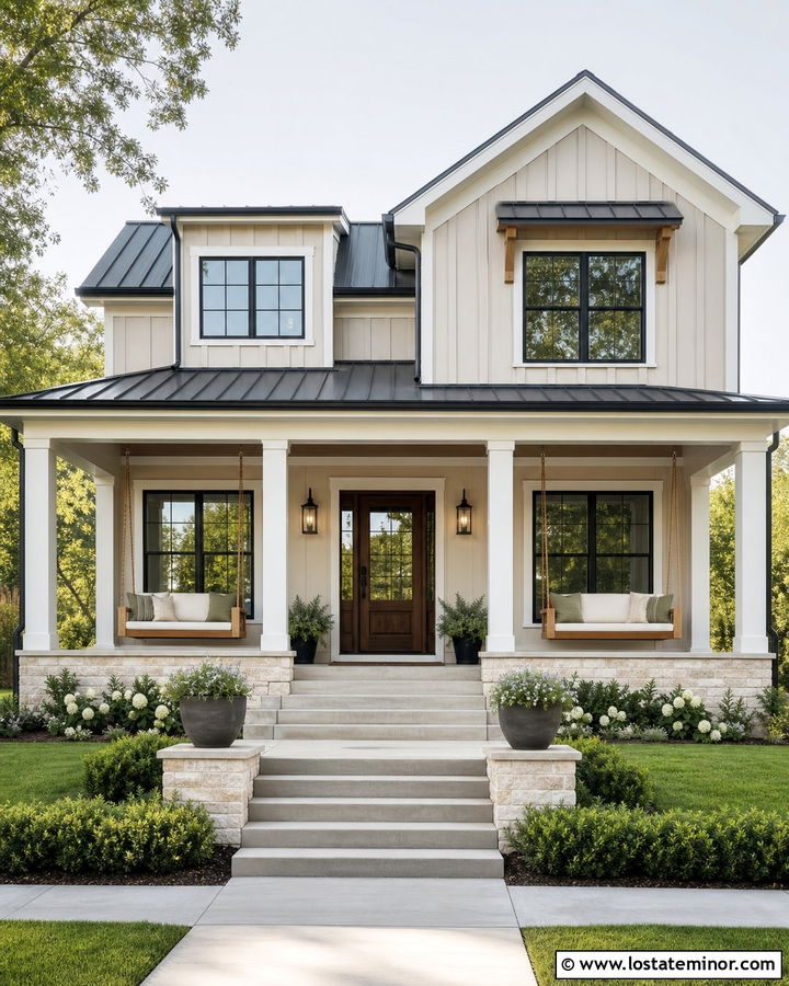 Greige Modern Farmhouse With Double Swings - 30 Greige House Design With Swing Ideas