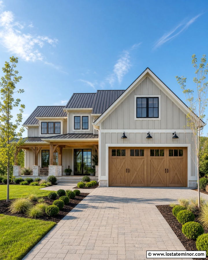 Greige Modern Farmhouse With Gooseneck Garage Lighting - 30 Greige House Design With Lighting Ideas