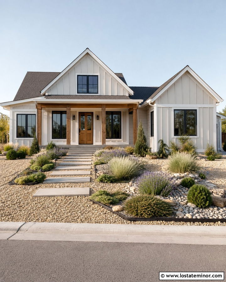 Greige Modern Farmhouse With Gravel Yard - 30 Greige House Design With Front Yard Ideas