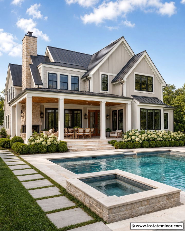Greige Modern Farmhouse With Pool - 30 Greige House Design With Swimming Pool Ideas