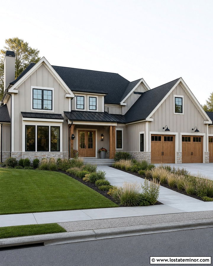 Greige Modern Farmhouse With Standing Seam Awning - 30 Greige House Design With Awning Ideas