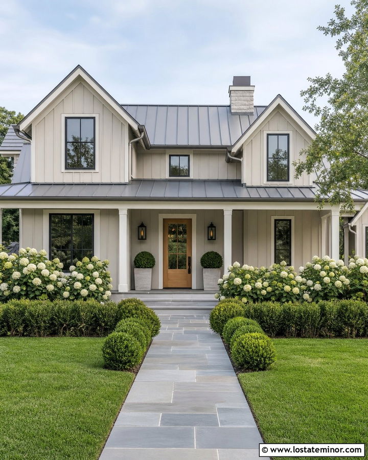 Greige Modern Farmhouse With White Hydrangeas - 30 Greige House Design With Landscaping Ideas