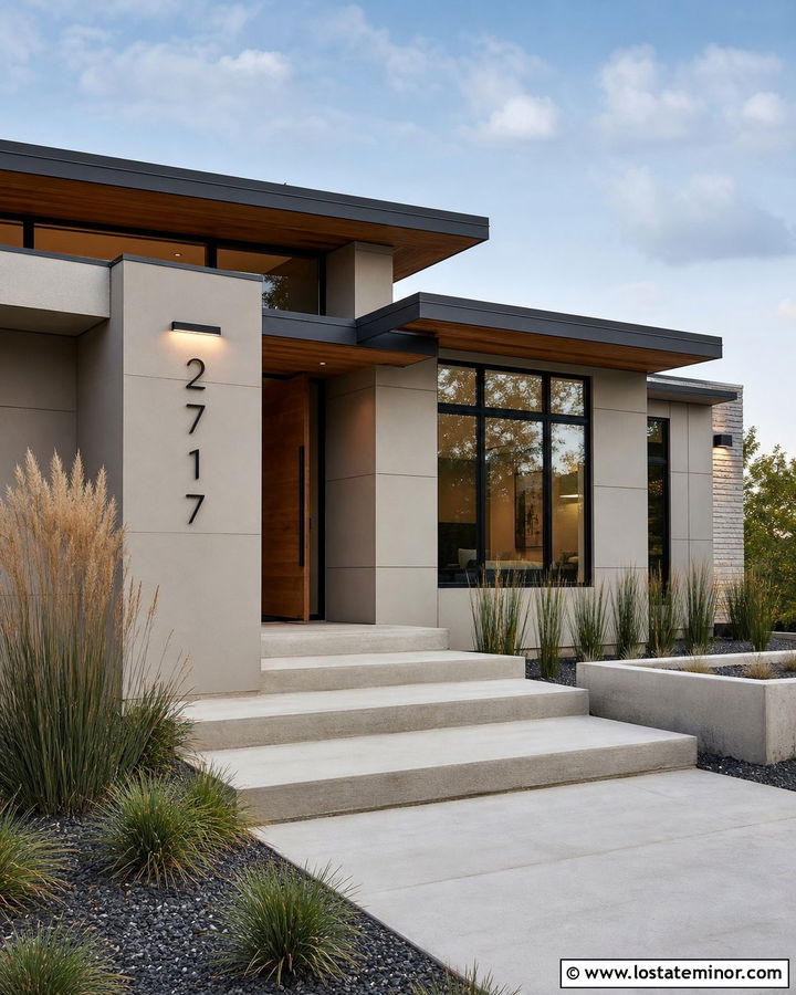 Greige Modern House With Backlit Numbers - 30 Greige House Design With House Numbers Ideas
