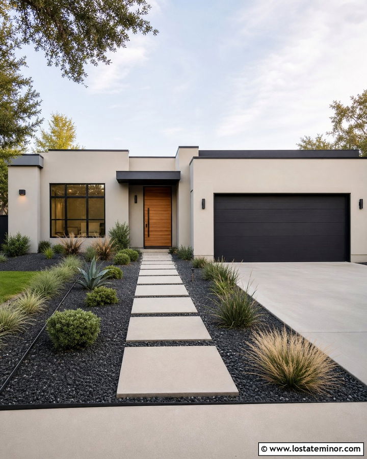 Greige Modern House With Black Gravel Walkway - 30 Greige House Design With Walkway Ideas