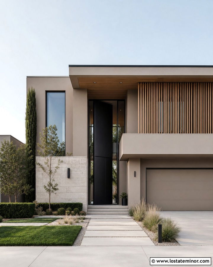 Greige Modern House With Black Pivot Door - 30 Greige House Design With Entry Door Ideas