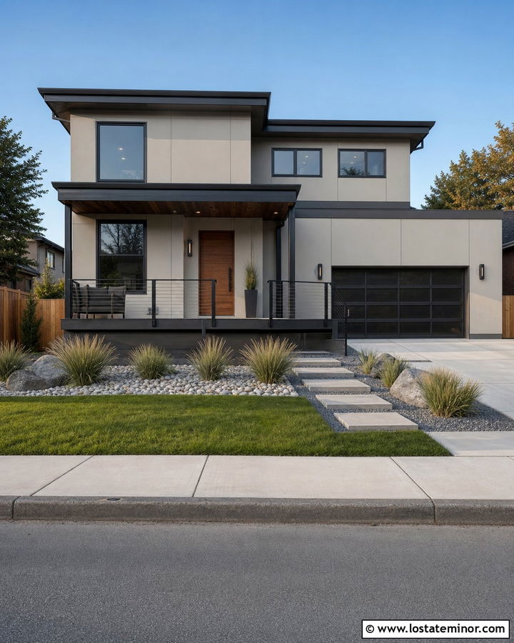 Greige Modern House With Cable Railings - 30 Greige House Design With Railings Ideas