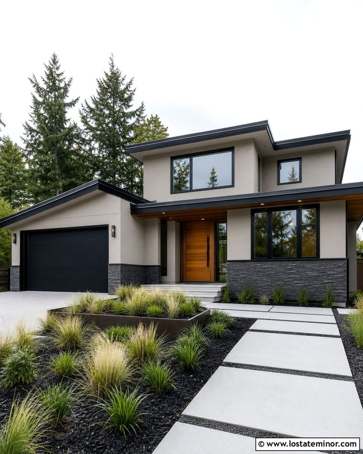 Greige Modern House With Charcoal Stone Wainscoting - 30 Greige House Design With Wainscoting Ideas