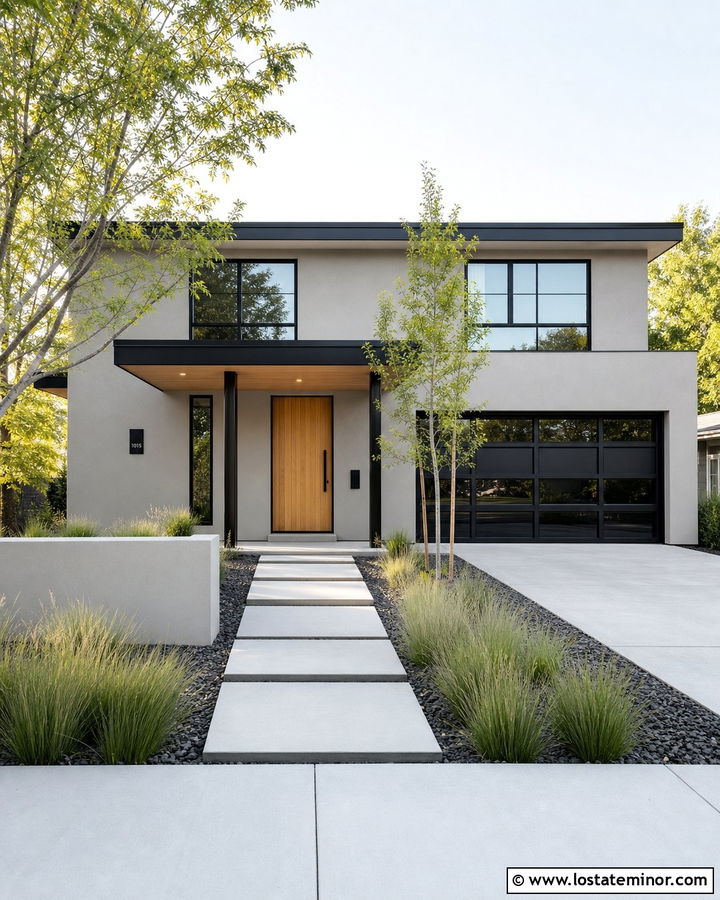 Greige Modern House With Flat Roof Porch - 30 Greige House Design With Front Porch Ideas