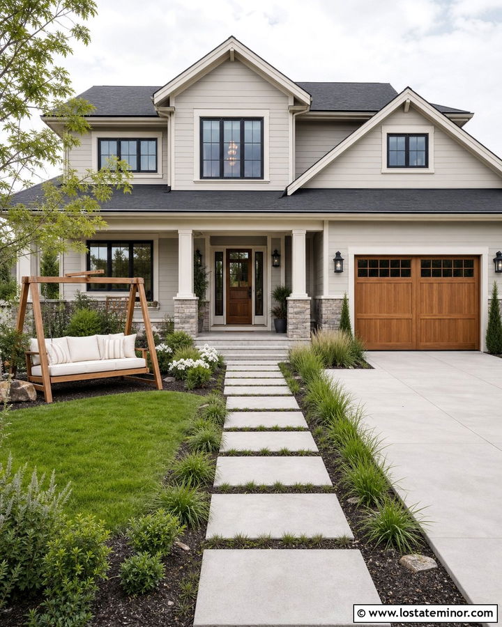 Greige Modern House With Freestanding Garden Swing - 30 Greige House Design With Swing Ideas