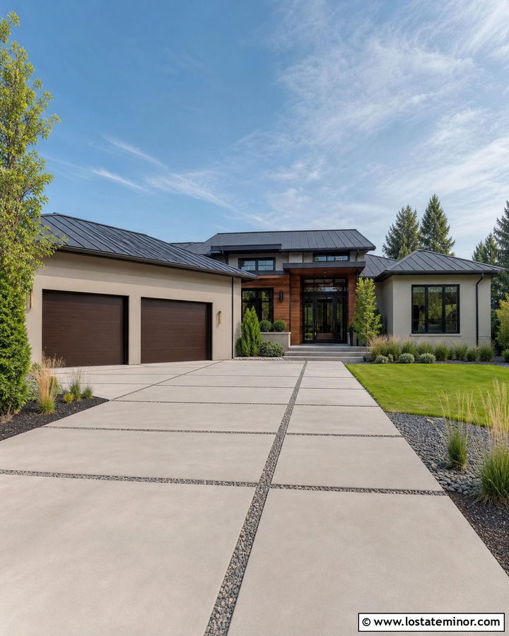 Greige Modern House With Large Concrete Pavers - 30 Greige House Design With Driveway Ideas