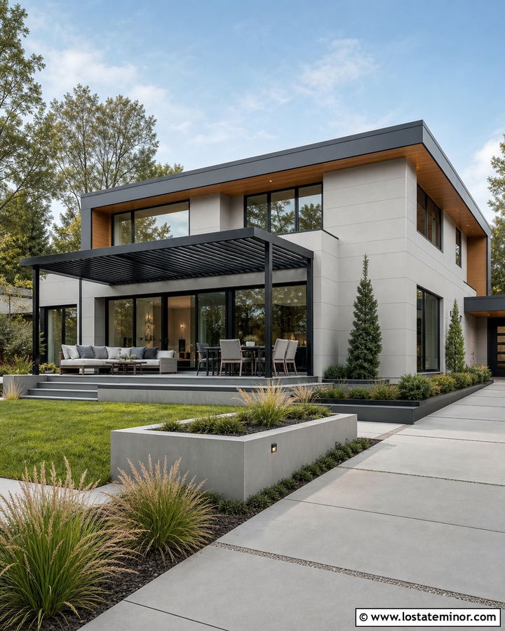 Greige Modern House With Louvered Pergola - 30 Greige House Design With Pergola Ideas