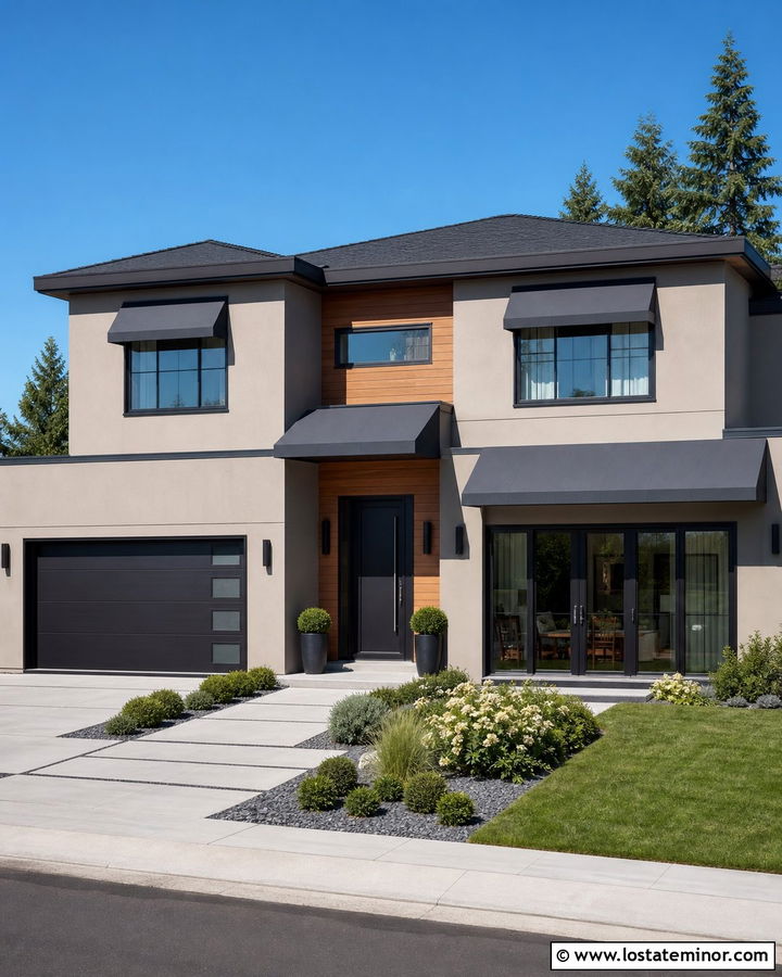 Greige Modern House With Matching Awnings - 30 Greige House Design With Awning Ideas
