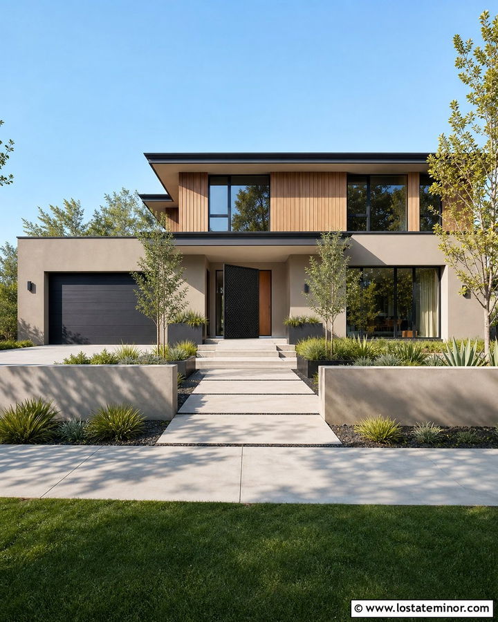 Greige Modern House With Pivot Screen Door - 30 Greige House Design With Screen Door Ideas