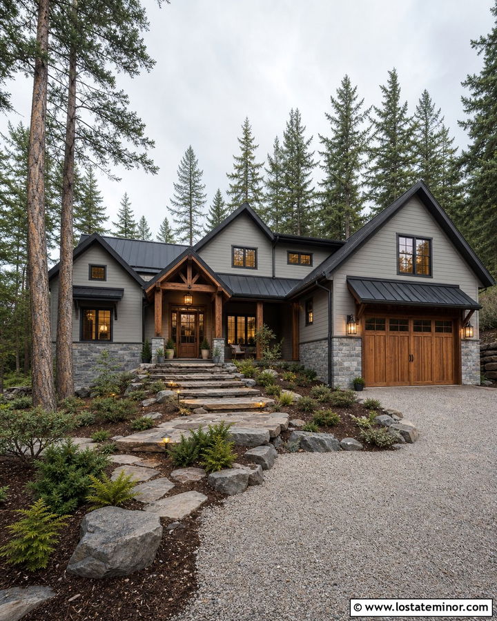 Greige Mountain House With Charcoal Awning - 30 Greige House Design With Awning Ideas