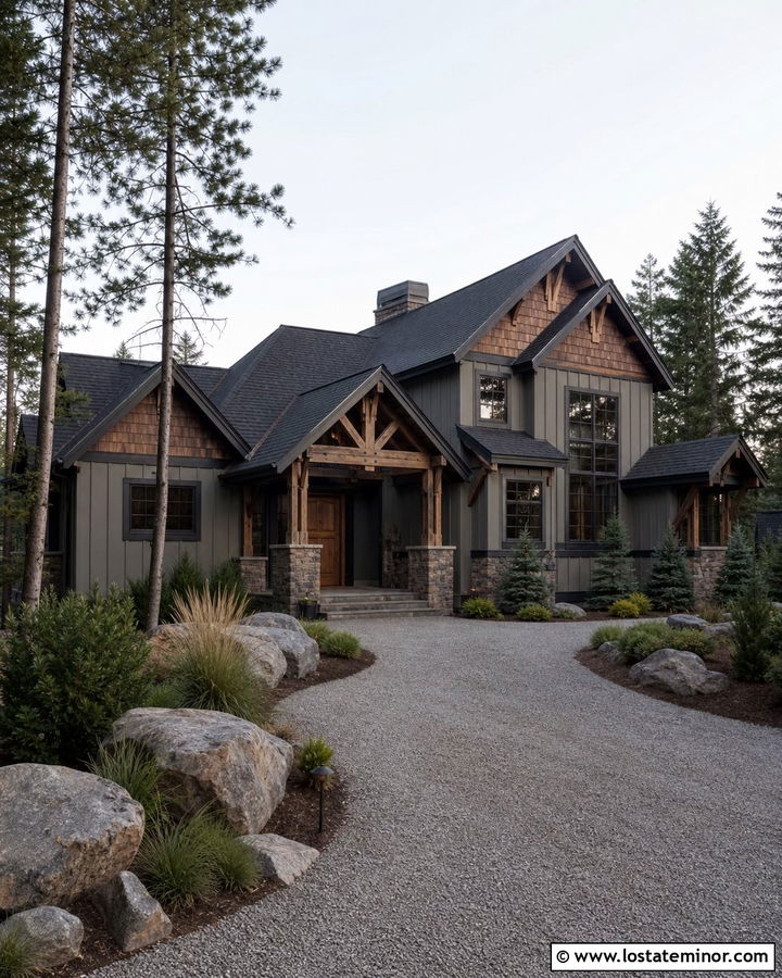 Greige Mountain House With Dark Cedar Shakes - 30 Greige House Design With Cedar Shake Ideas