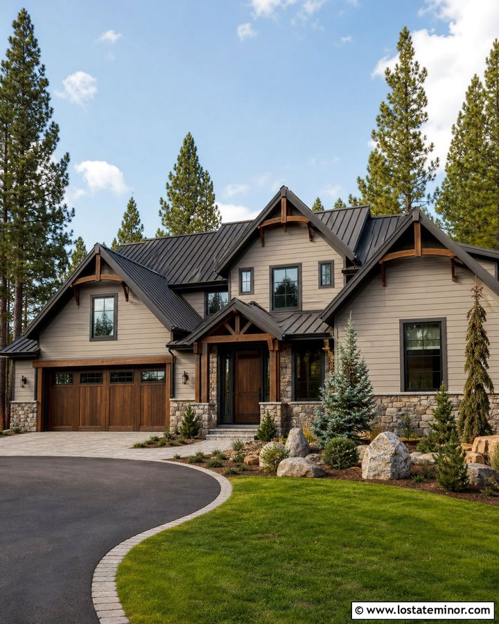 Greige Mountain House With Metal Screen Door - 30 Greige House Design With Screen Door Ideas