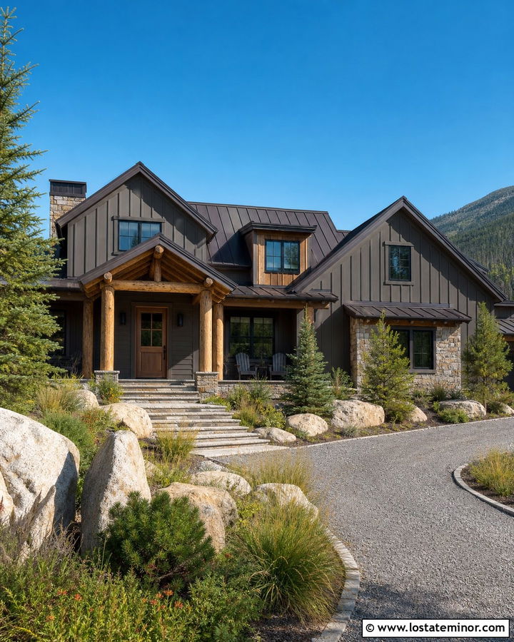 Greige Mountain House With Rustic Front Porch - 30 Greige House Design With Front Porch Ideas