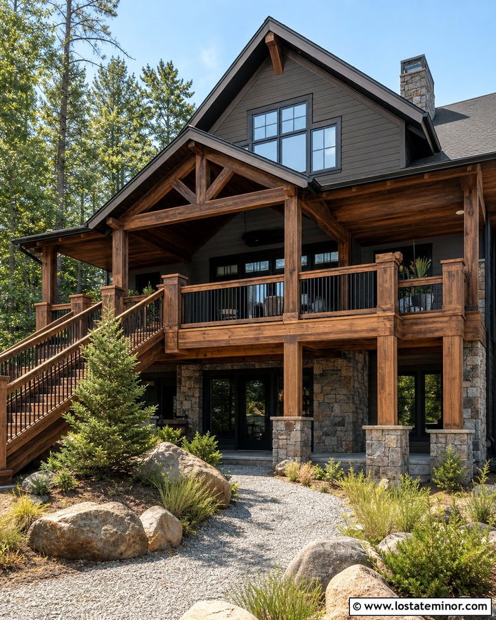 Greige Mountain House With Rustic Wood Deck - 30 Greige House Design With Deck Ideas
