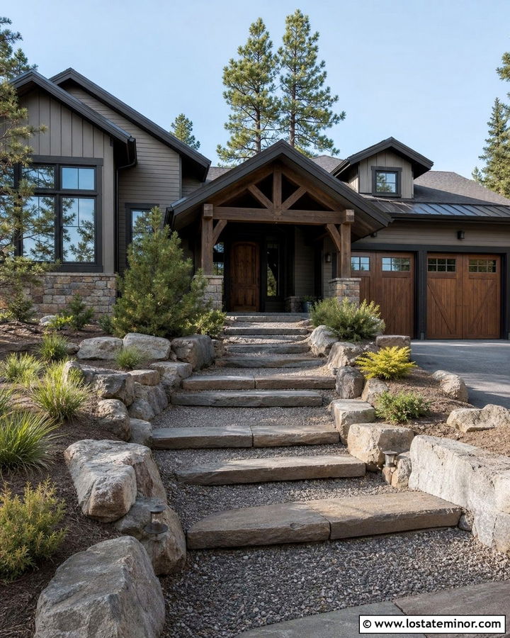 Greige Mountain House With Stone Step Walkway - 30 Greige House Design With Walkway Ideas