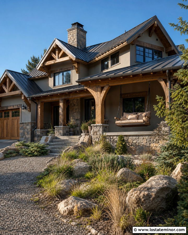Greige Mountain House With Timber Swing - 30 Greige House Design With Swing Ideas