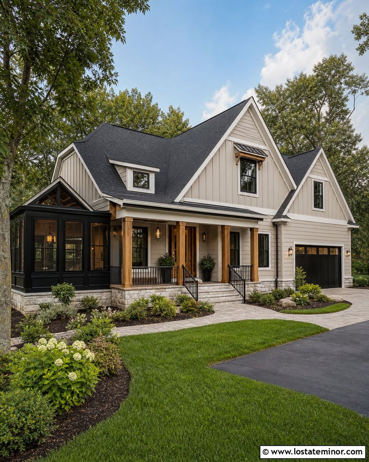 Greige New American House With Sunroom Porch - 30 Greige House Design With Sunroom Ideas