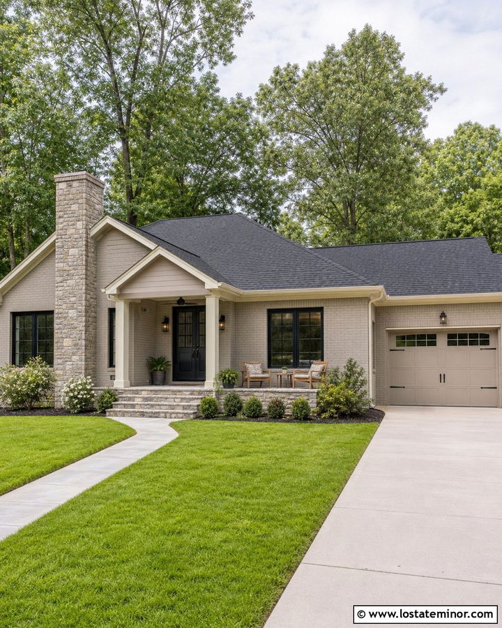 Greige Painted Brick House With Stone Chimney - 30 Greige House Design With Chimney Ideas