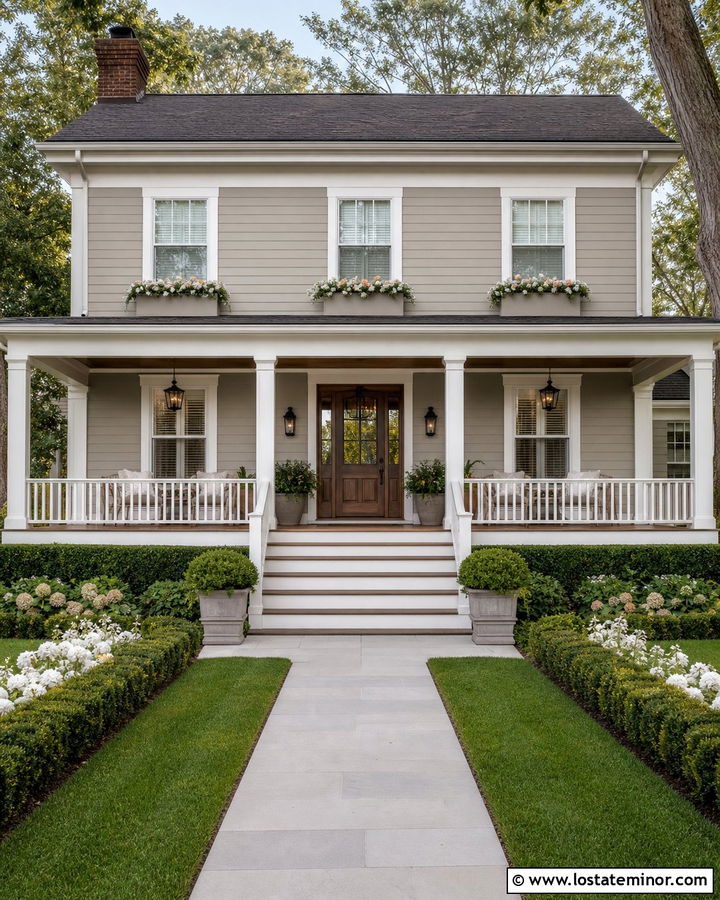 Greige Porch House With Matching Window Boxes - 30 Greige House Design With Window Boxes Ideas