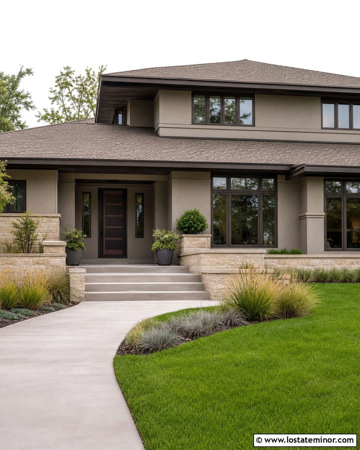 Greige Prairie House With Bronze Screen Door - 30 Greige House Design With Screen Door Ideas