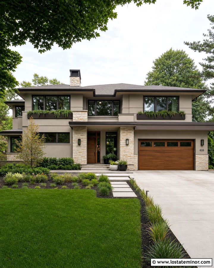 Greige Prairie House With Bronze Window Boxes - 30 Greige House Design With Window Boxes Ideas