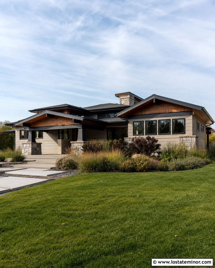 Greige Prairie House With Cedar Shake Details - 30 Greige House Design With Cedar Shake Ideas