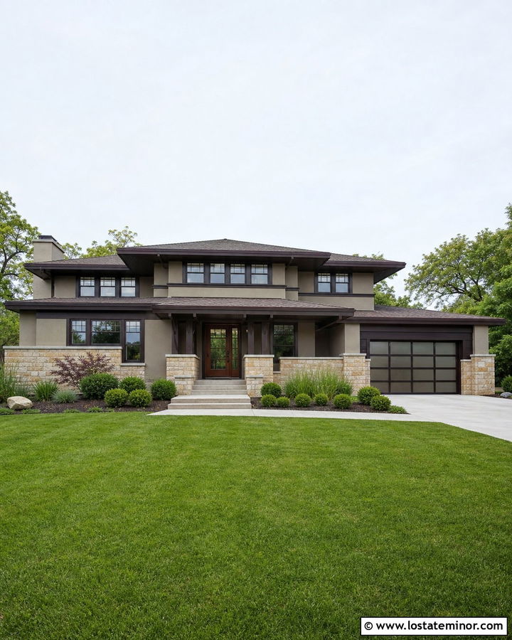 Greige Prairie House With Dark Brown Window Frames - 30 Greige House Design With Window Frames Ideas