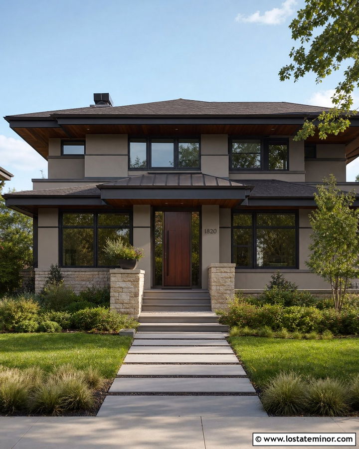 Greige Prairie House With Deep Metal Awning - 30 Greige House Design With Awning Ideas