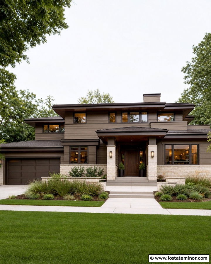 Greige Prairie House With Espresso Door - 30 Greige House Design With Entry Door Ideas
