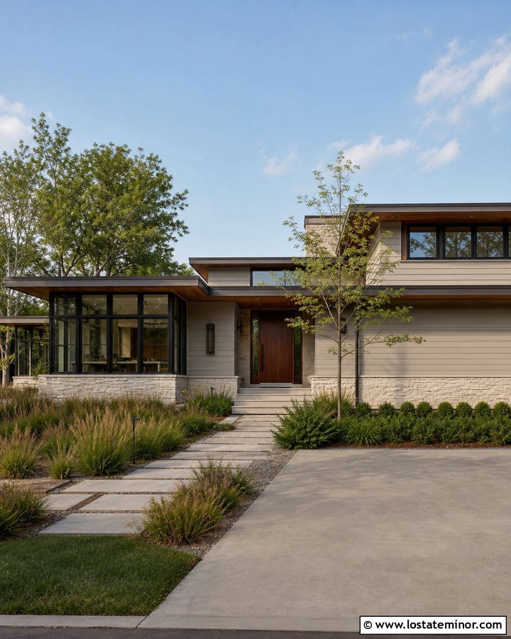 Greige Prairie House With Flat Roof Sunroom - 30 Greige House Design With Sunroom Ideas