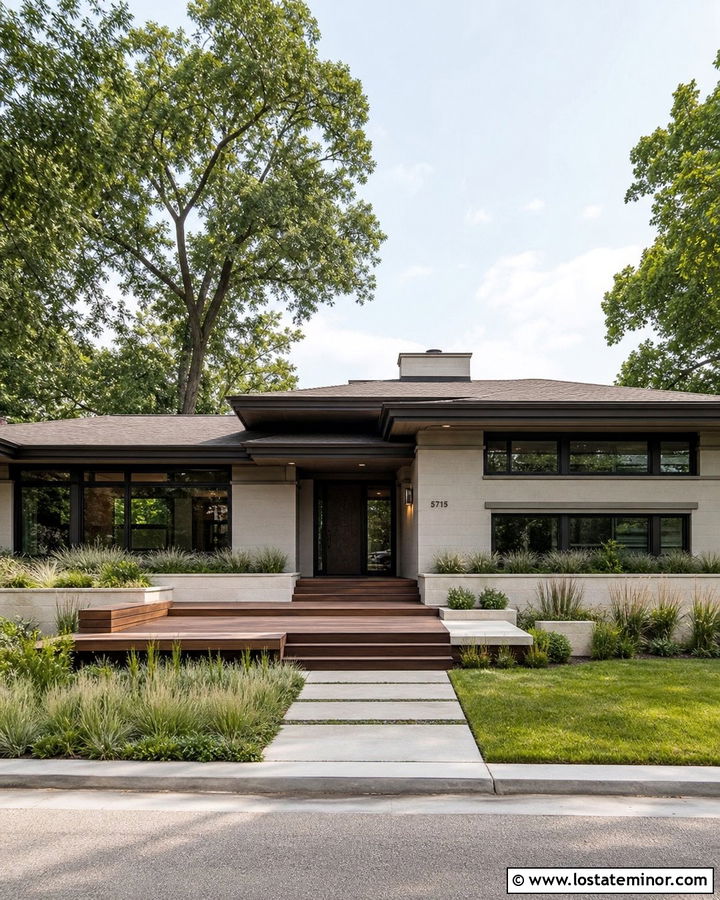Greige Prairie House With Horizontal Deck - 30 Greige House Design With Deck Ideas