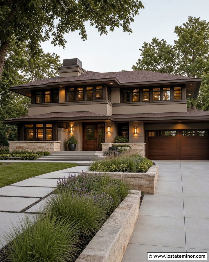 Greige Prairie House With Horizontal Lighting - 30 Greige House Design With Lighting Ideas