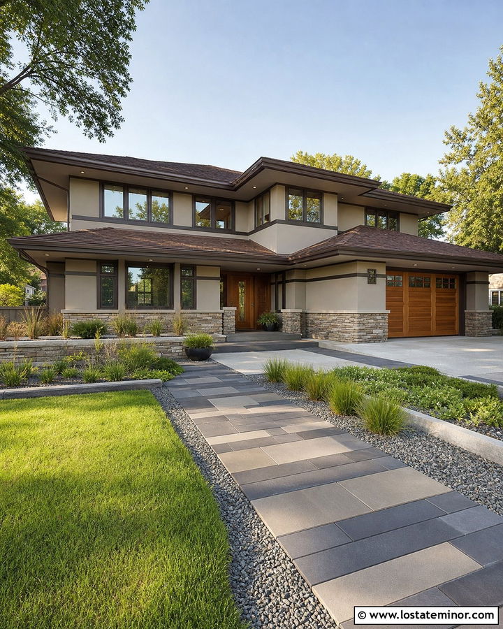 Greige Prairie House With Linear Paver Walkway - 30 Greige House Design With Walkway Ideas