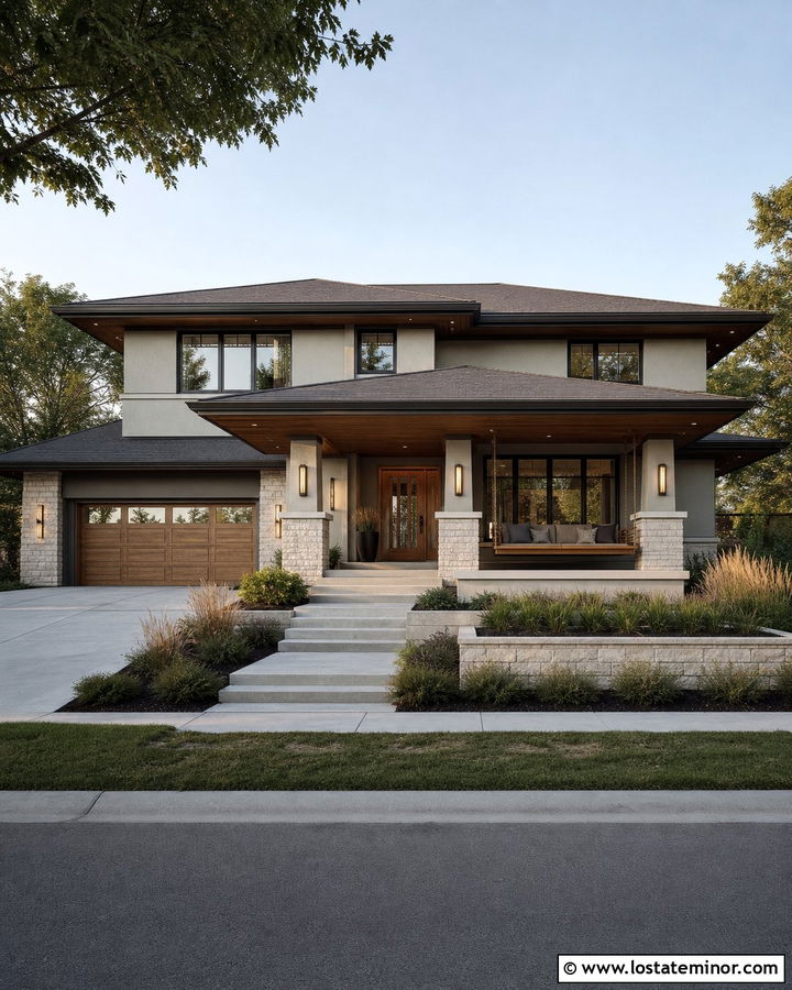 Greige Prairie House With Oak Swing - 30 Greige House Design With Swing Ideas