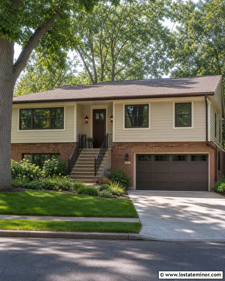 Greige Raised Ranch With Bronze Railings - 30 Greige House Design With Railings Ideas