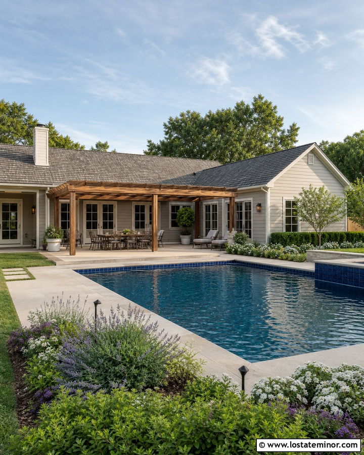 Greige Ranch House With Backyard Pool - 30 Greige House Design With Swimming Pool Ideas
