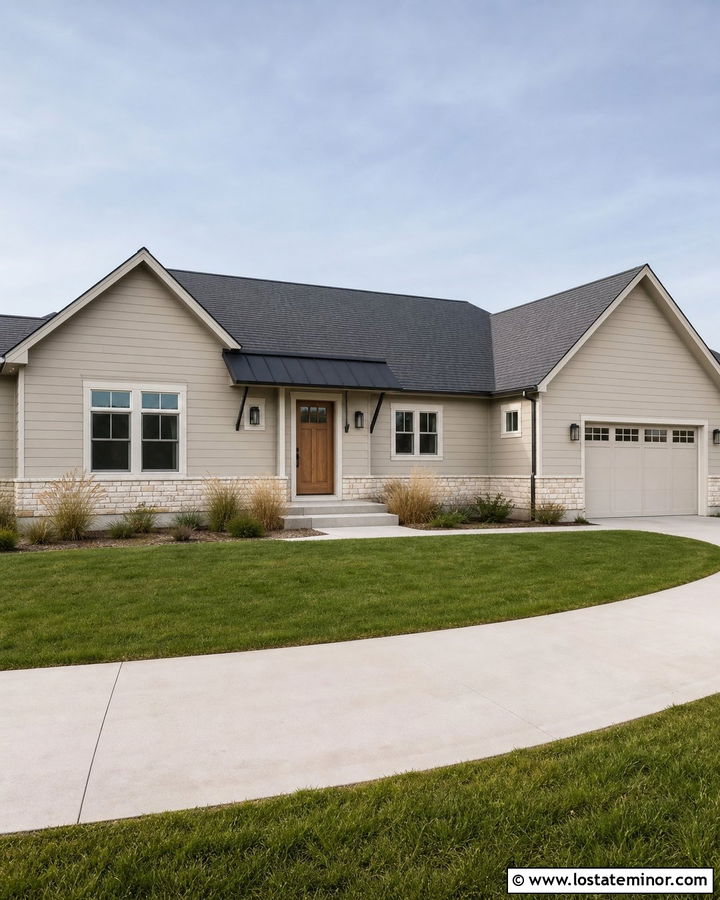 Greige Ranch House With Black Metal Awning - 30 Greige House Design With Awning Ideas