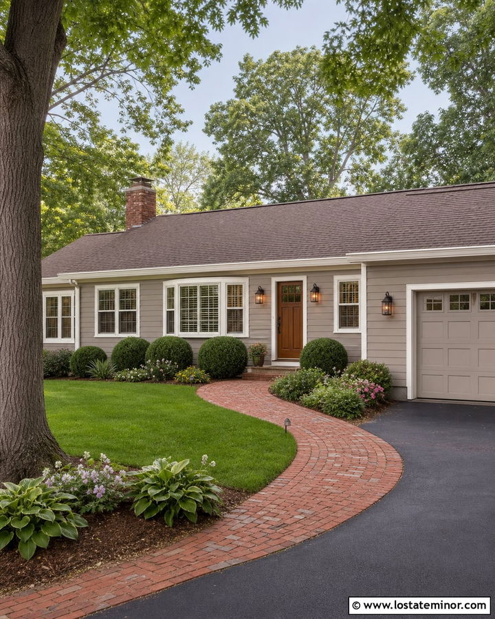 Greige Ranch House With Curved Brick Walkway - 30 Greige House Design With Walkway Ideas