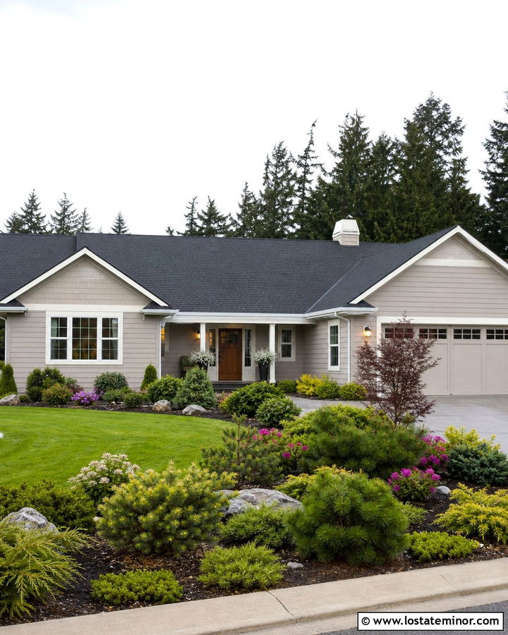 Greige Ranch House With Curved Garden Beds - 30 Greige House Design With Landscaping Ideas