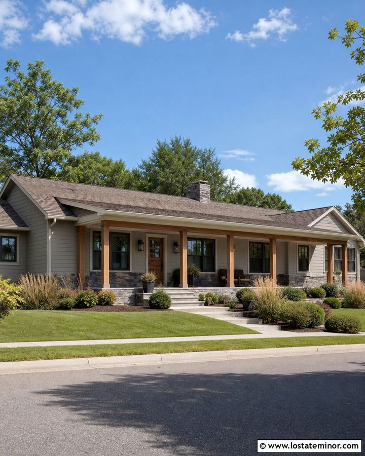 Greige Ranch House With Deep Front Porch - 30 Greige House Design With Front Porch Ideas