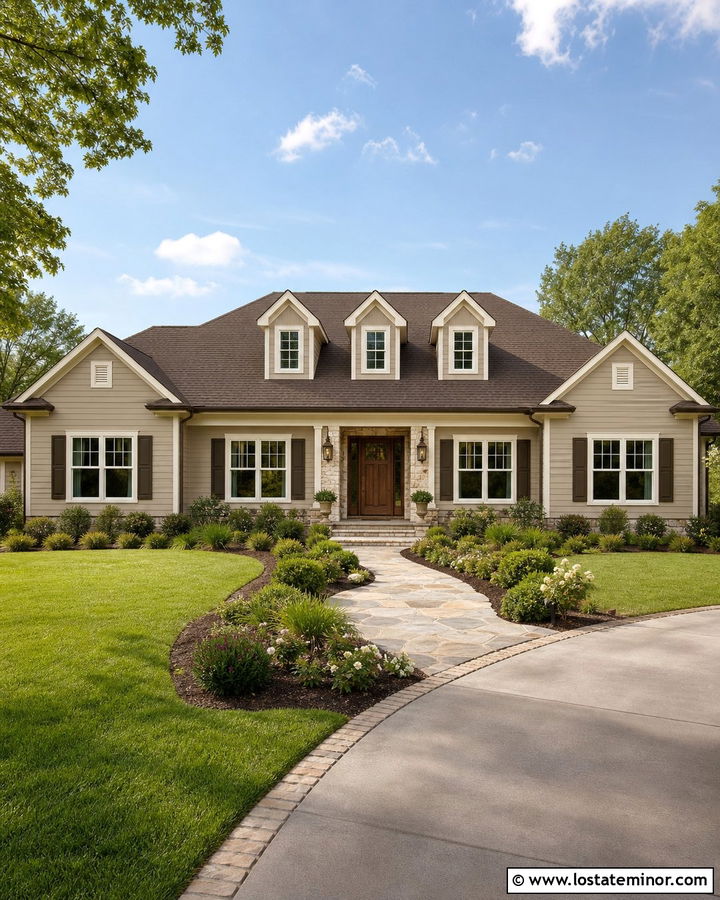Greige Ranch House With False Dormers - 30 Greige House Design With Dormers Ideas