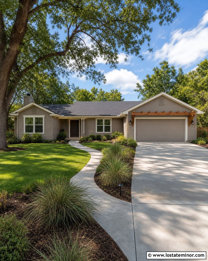 Greige Ranch House With Garage Pergola - 30 Greige House Design With Pergola Ideas