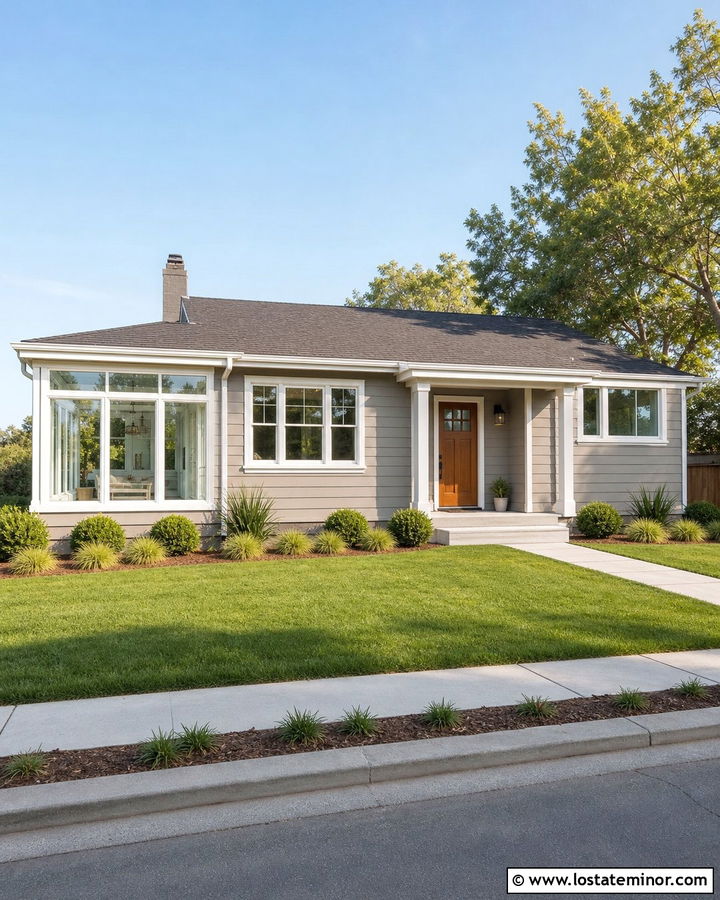 Greige Ranch House With Glass Sunroom - 30 Greige House Design With Sunroom Ideas