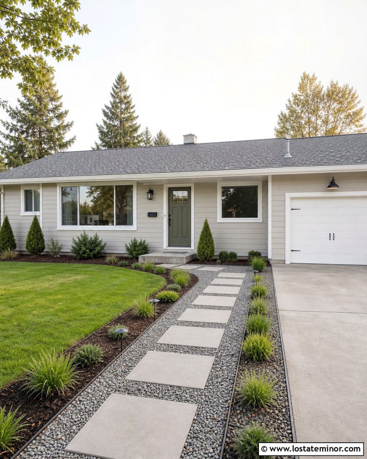 Greige Ranch House With Gravel And Stepping Stones - 30 Greige House Design With Walkway Ideas